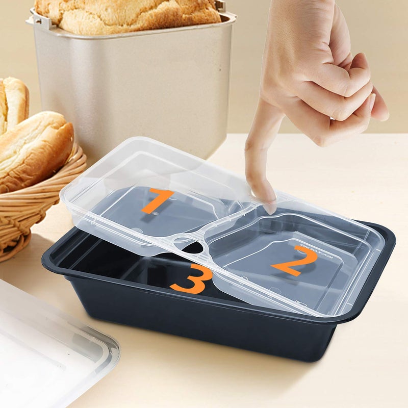 Enther 36oz Meal Prep Containers 20 Pack 3 Compartment with Removable Insert Tray 2 Tier Food Storage Bento Box with Lid, BPA Free Reusable Lunch Box Stackable/Microwave/Dishwasher/Freezer Safe Black - Image 2